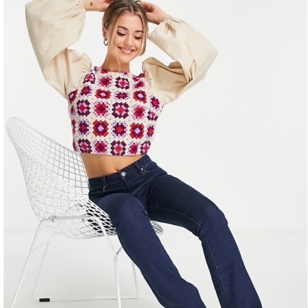ASOS DESIGN Crochet Granny Square Puff Sleeve Tie Back Crop Top Beige Red US 12